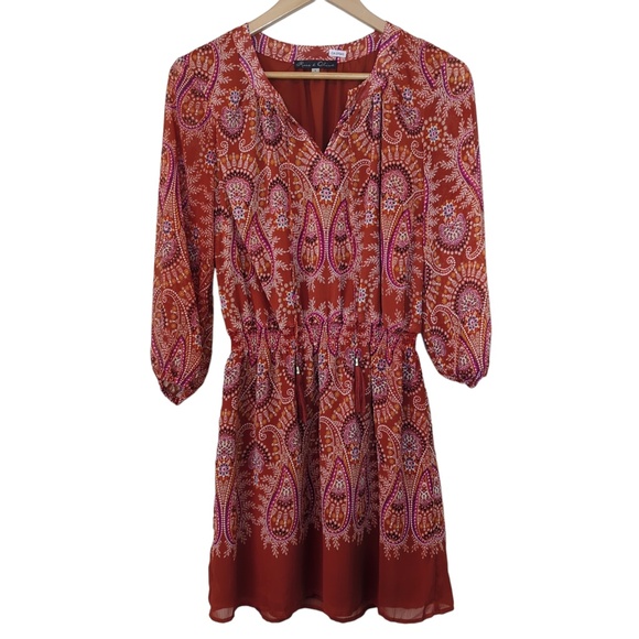 Rust Orange Red Floral Paisley Boho Tassel Short Dress - Picture 7 of 14